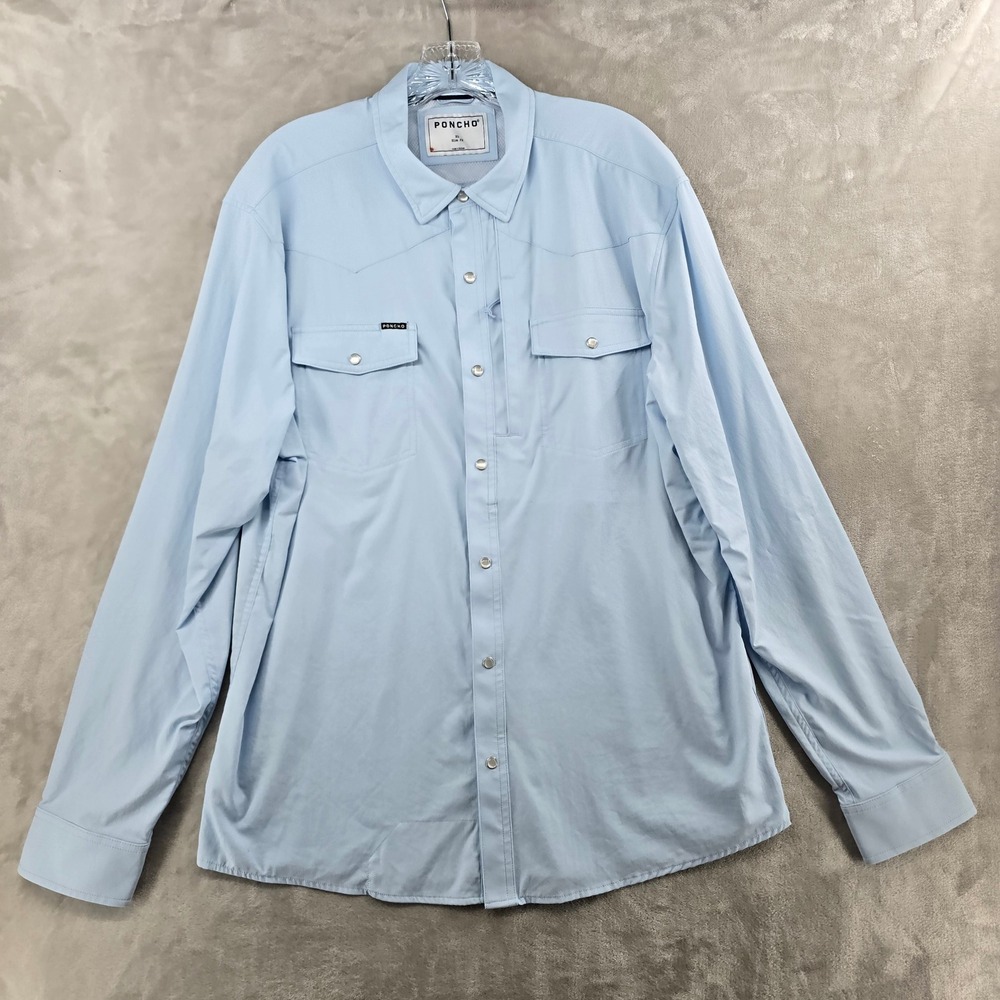Poncho Western Performance Shirt Mens XL Slim Light Blue Pearl Snap Long Sleeve